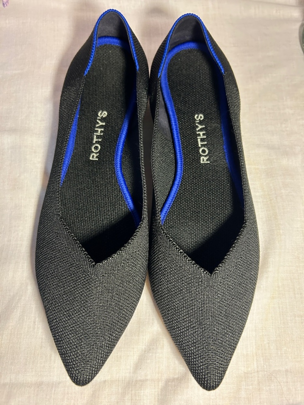 Rothy's The Point Black Pointed Knit Flats with Blue Trim